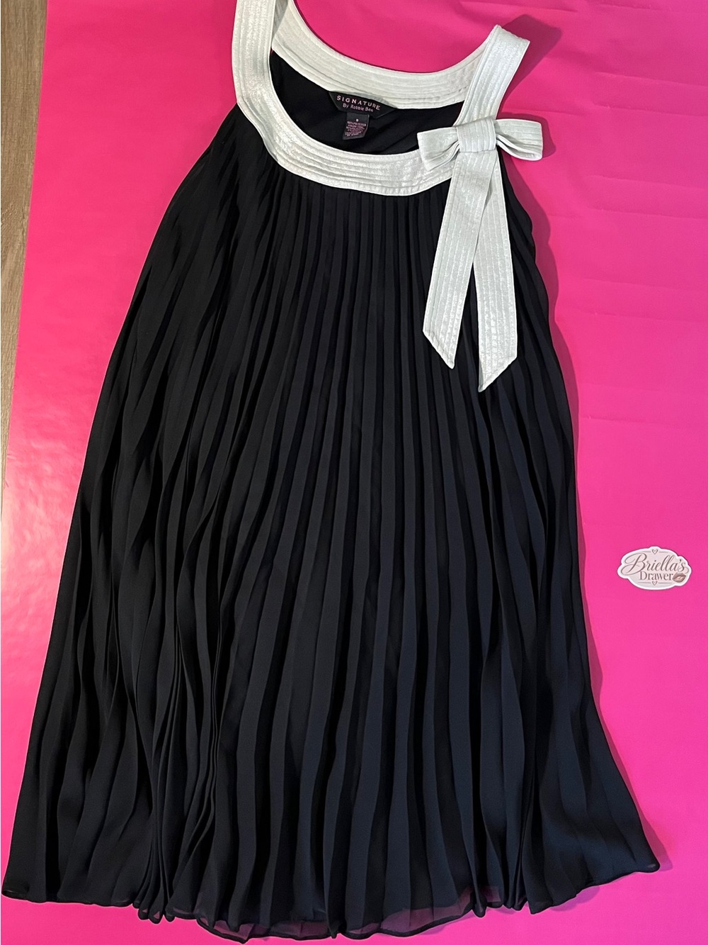 Black Pleated Dress with White Trim Bow